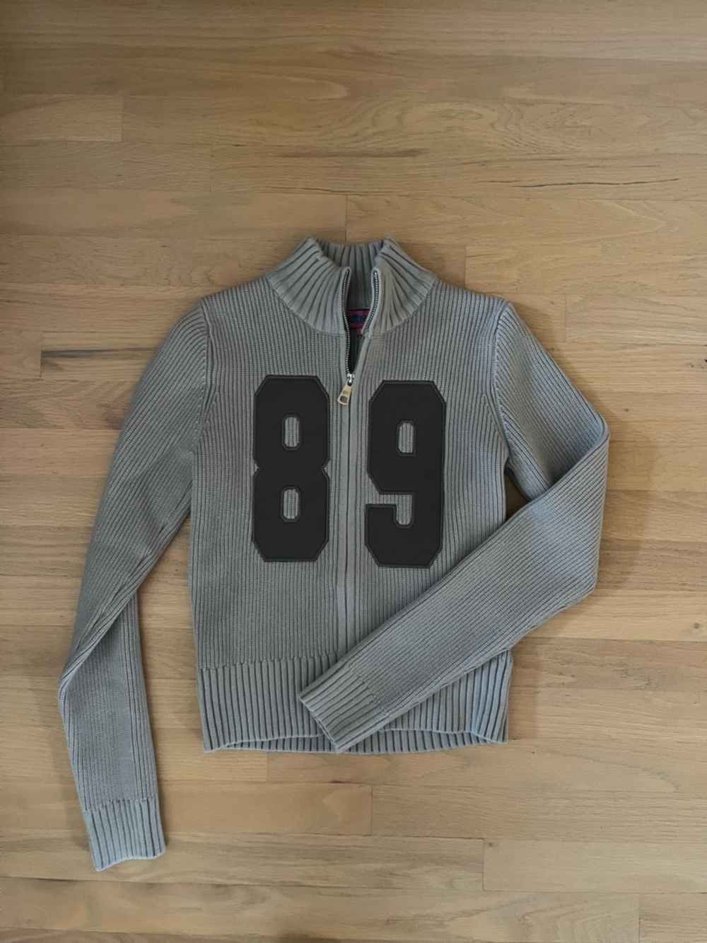 EDIKTED Gray Zip-Up Sweater with Black '89' Applique